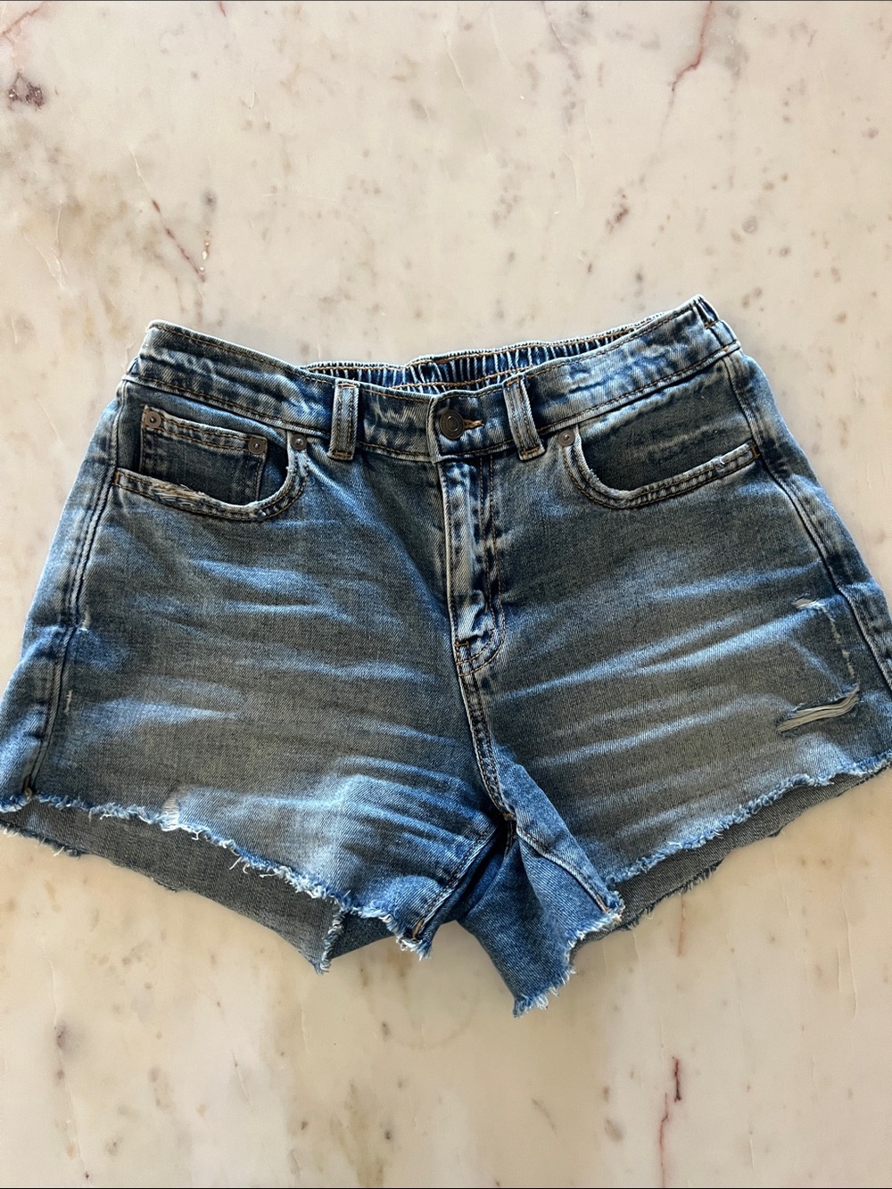 aerie Distressed Light Blue Denim Shorts with Frayed Hem